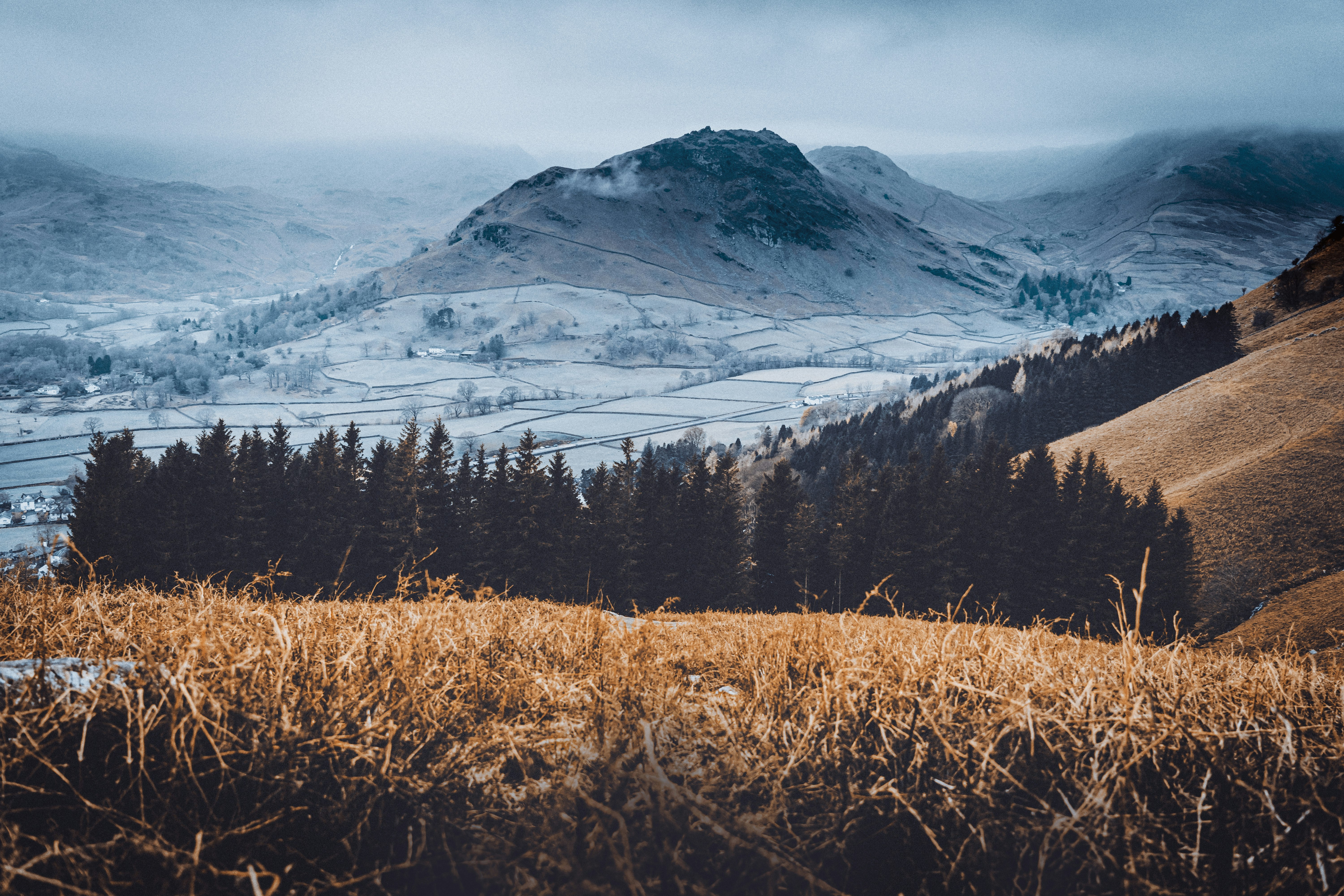 brown grass field near snow covered mountain during daytime